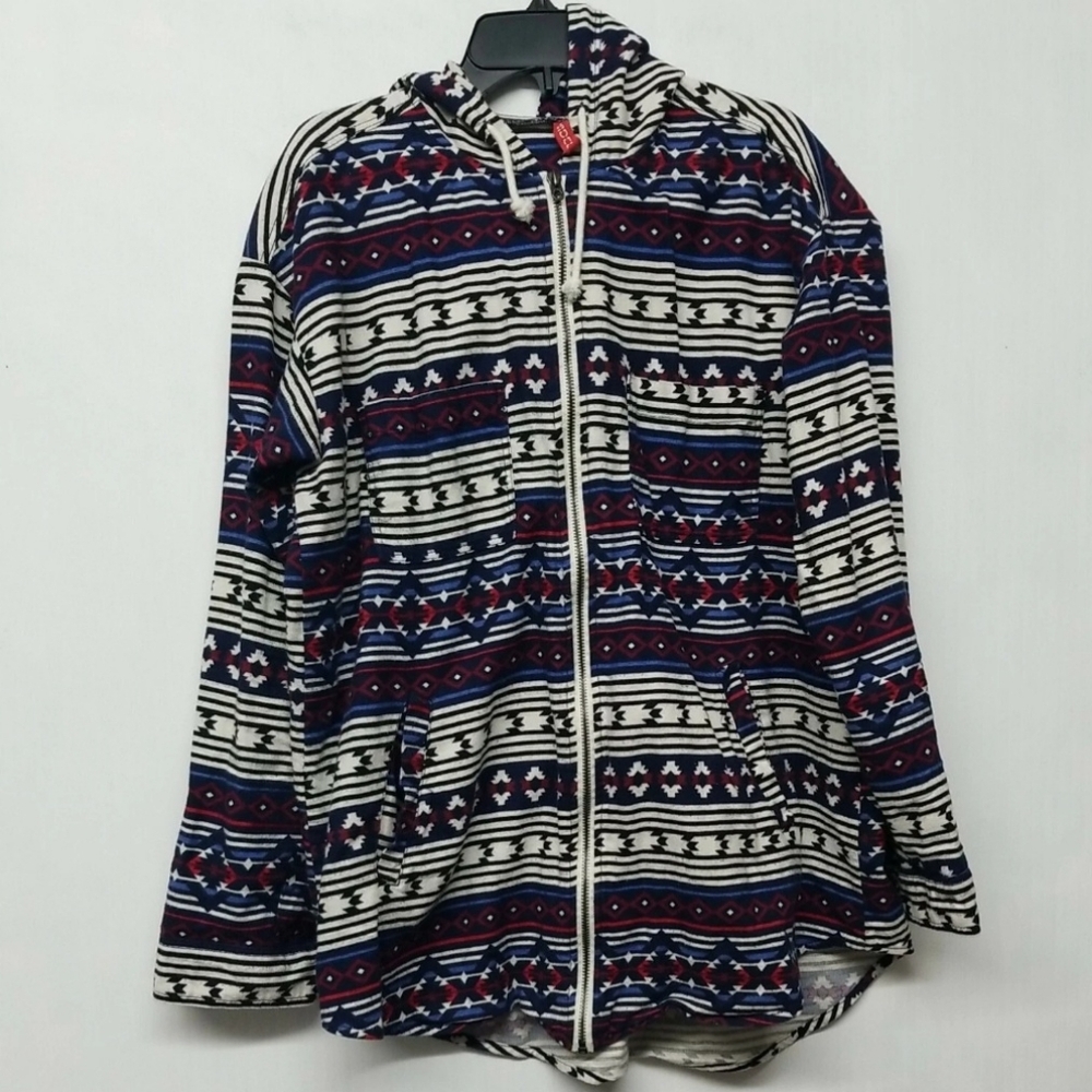 DIVIDED H&M Blue Red White Aztec Southwest Flannel Hoodie Top Shirt WOMEN'S Sz.8